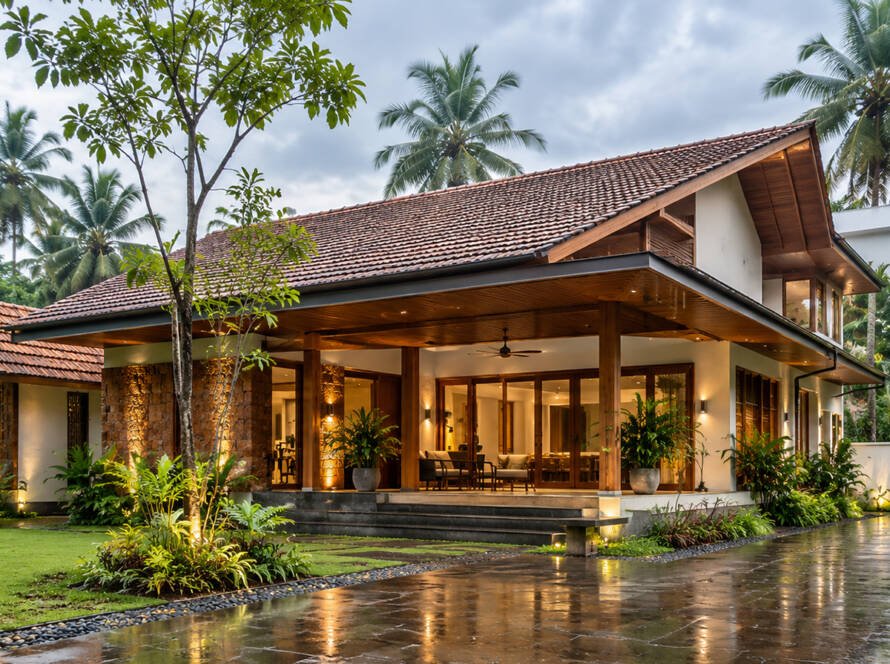 Climate-resilient modern Kerala home with a sloping roof, deep eaves, and tropical landscaping.